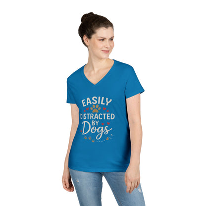 Easily Distracted by Dogs Ladies' V-Neck T-Shirt - Cute Pet Lover Gift