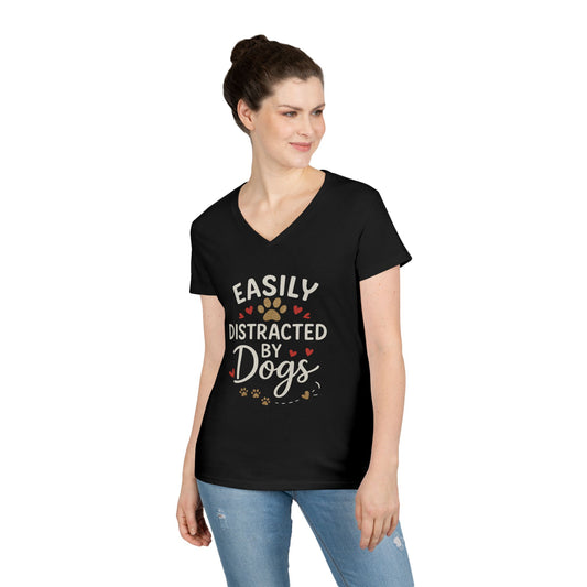 Easily Distracted by Dogs Ladies' V-Neck T-Shirt - Cute Pet Lover Gift